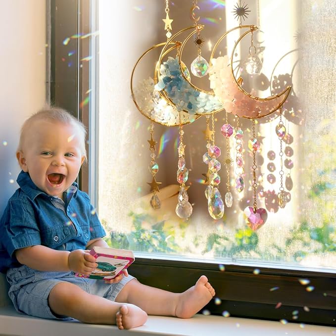 Crystal Suncatcher Hanging Moon Sun Light Catcher with Glass Prisms for Window Natural Pink Crystal Decor Home Indoor Making Rainbows