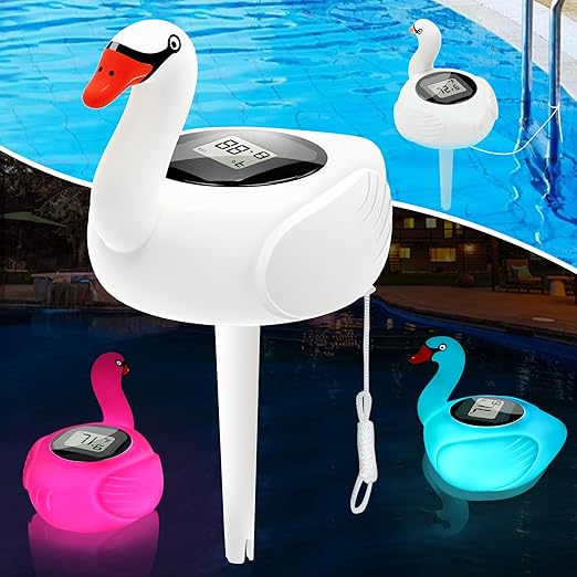 KingSom Digital Pool Thermometer,Solar Pool Thermometer Floating Easy Read with Color Changing Swan Light,Floating Pool Thermometer with Large LCD Screen and String,Pond Water Temperature Thermometer