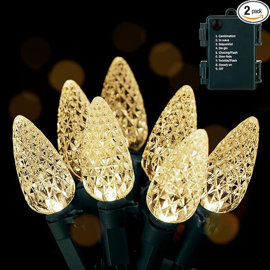 2PC C6 Led Christmas String Lights, 60 Led 20FT Battery Operated Strawberry Lights, Waterproof 8 Lighting Modes Fairy Lights for Indoor Outdoor Patio Garden Party X-mas Decoration(Warm White)