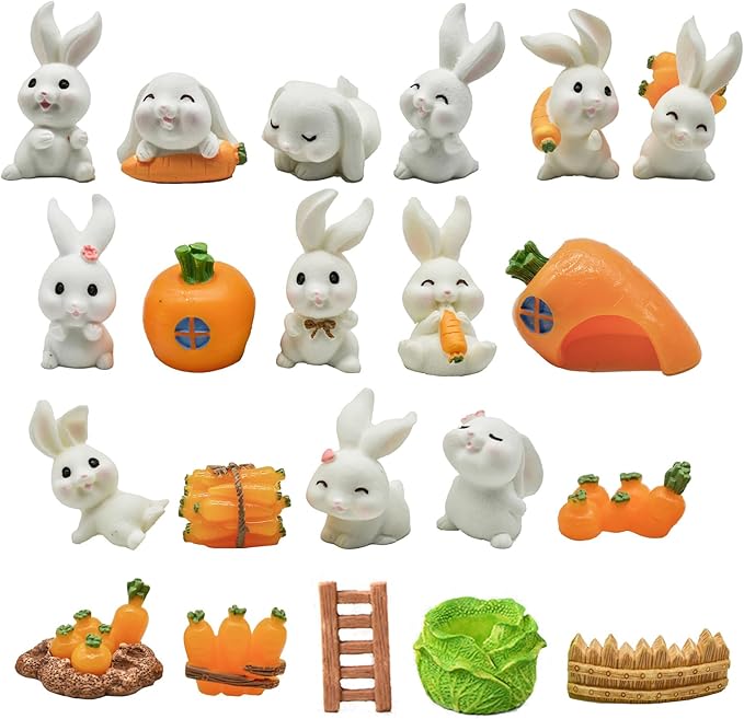 21Pcs Mini Rabbit and Carrot Figurines 1inch Cute Resin Bunny Cake Toppers for DIY Fairy Garden Dollhouse Moss Landscape Crafts Easter Decors