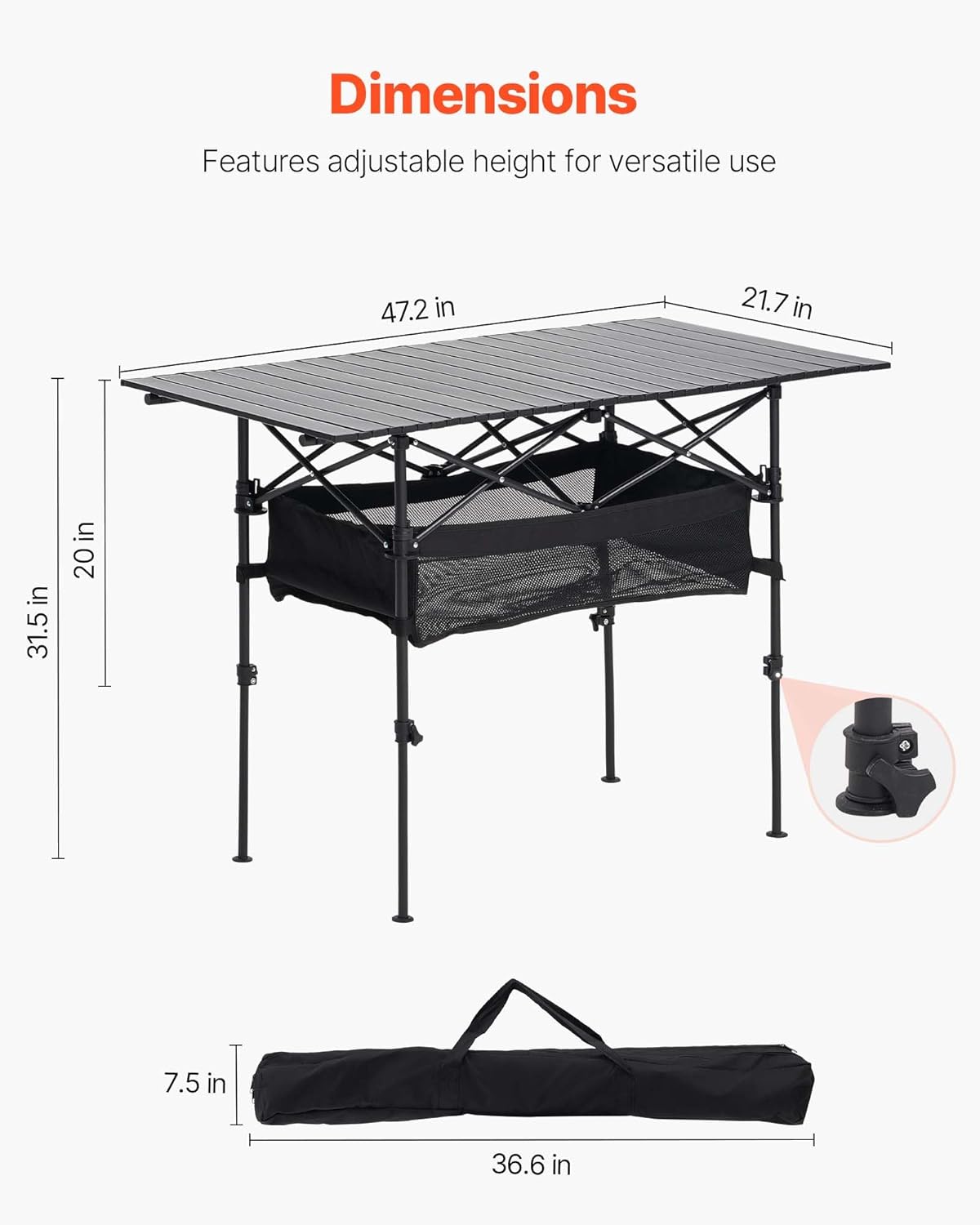 VEVOR Folding Camping Table, Portable Roll Up Side Tables, Lightweight Aluminum Beach Table with Adjustable Height, for Outdoor BBQ Tailgating Picnic, Travel (47 inch-Black)