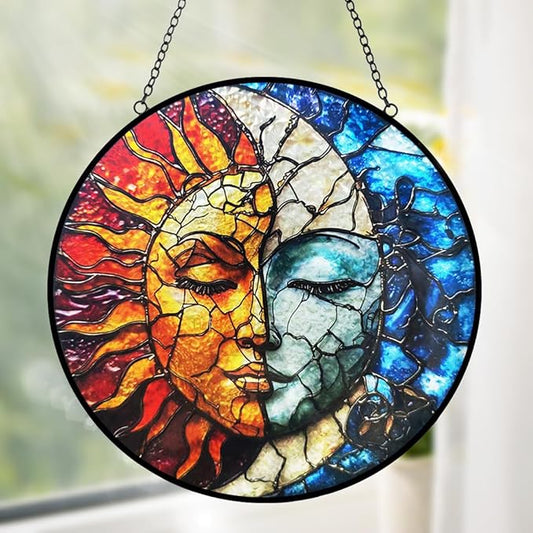 Sun and Moon Decor Suncatcher Stained Glass Window Hanging - Wall Art Stained Glass Suncatchers for Windows Hanging - Home Sun Catchers Indoor Window with Chain - Celestial Decor Gifts for Women Mom