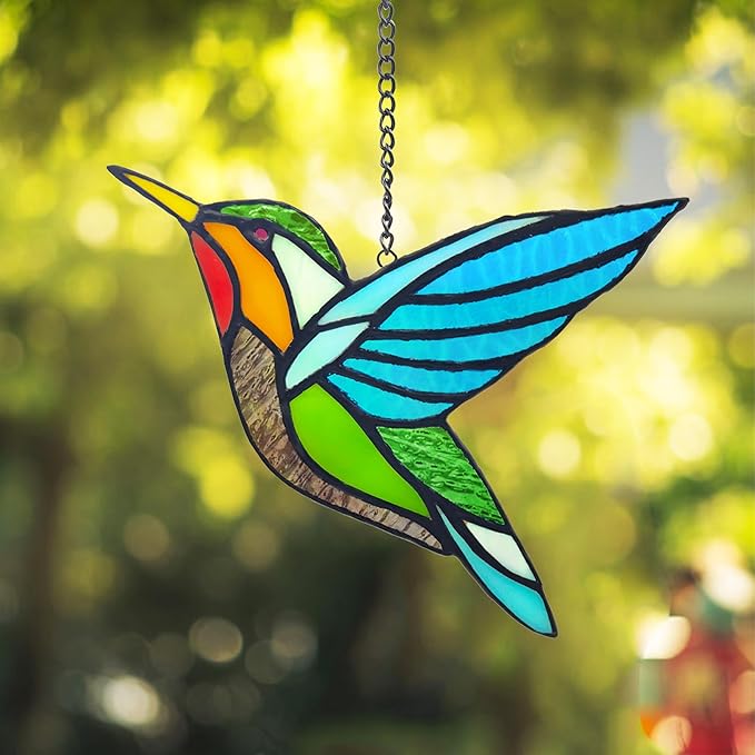 Royxen 2 Pack Hummingbird Stained Glass Window Hangings Handmade Bird Sun Catcher for Home Window