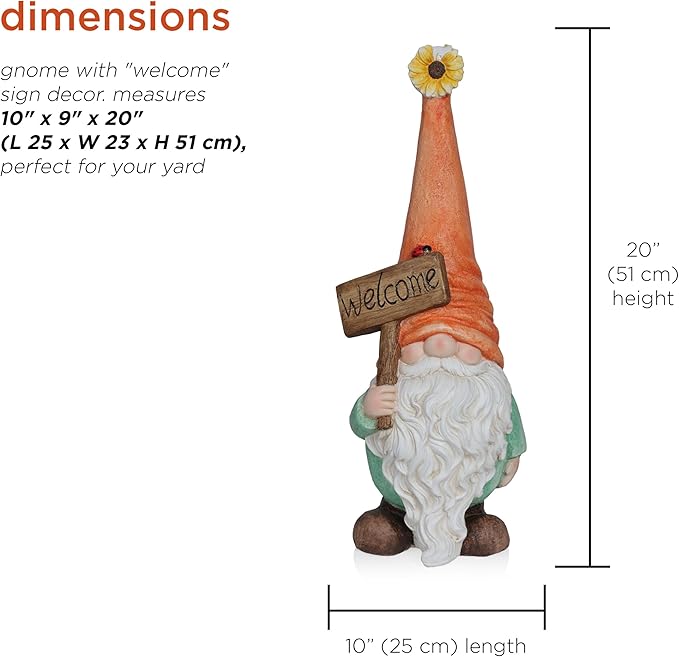 Alpine Corporation MCC848 Indoor/Outdoor Gnome with "Welcome" Sign Garden Statue, Charming Gnome with Hat, 26"H, Orange