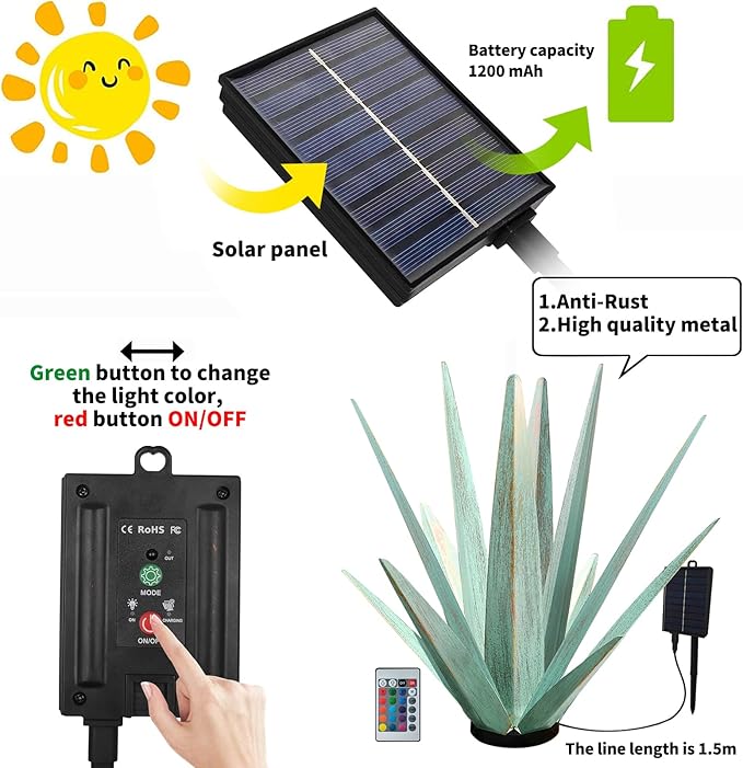 Large Tequila Rustic Sculpture, Rustic Metal Agave Plants for Outdoor Patio Yard, Home Decor Hand Painted Metal Agave Garden Yard Statue, Outdoor Lawn Ornaments (Mint Green - L (W/ Solar Light))