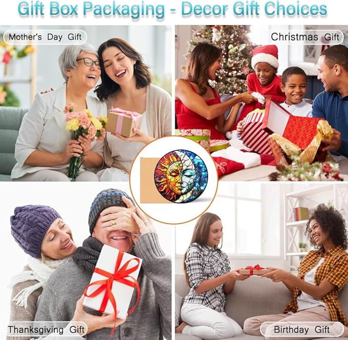 Sun and Moon Decor Stained Glass Window Hanging Suncatchers - Sun Catchers Indoor Window Christmas Decorations - Stained Glass Suncatcher with Hooks and Chain - Celestial Decor Gift for Men Women