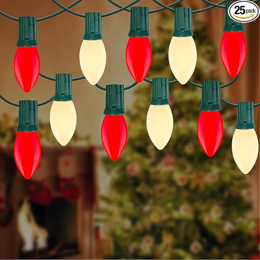 Red White LED Christmas Lights 25FT - Vintage C9 Outdoor String with 26 Bulbs, Extendable Commercial Holiday Decor for Roofline, Patio, Backyard & Parties