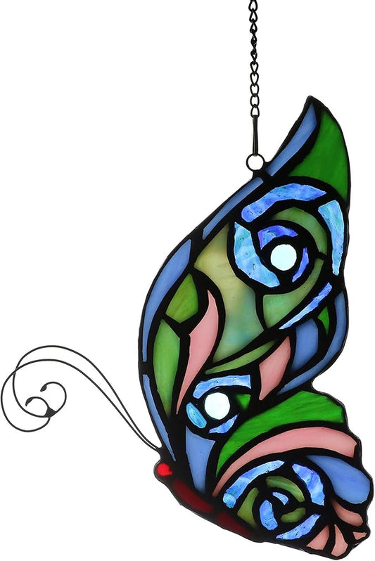 Stained Glass Window Hangings Butterfly Tiffany Style Butterfly Suncatcher for Window Hanging Suncatchers Handcrafted Ornament (Green&Blue)