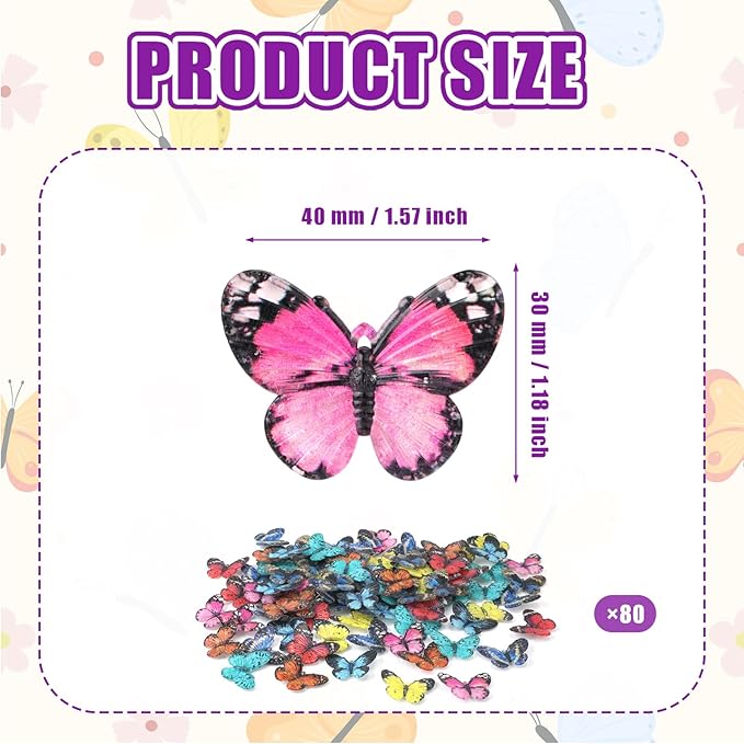 80pcs Micro Resin Butterflies, 1.6Inch Colourful Miniature Tiny Butterflies Crafts Mini Resin Butterflies for Decoration Doll House Decor Dream Garden Fairy Toys Landscape Miniature Things