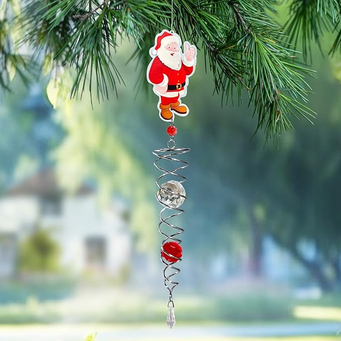 FONMY Santa Claus Gazing Ball Spiral Decorative Wind Spinner Sun Catcher Rainbow Maker Silver Spiral W/ K9 Crystal Ball Christmas Tree Hanging Ornament Indoor Outdoor Garden Decor. 22 in