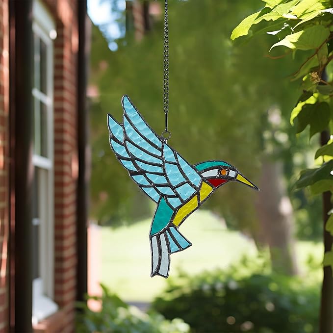 Stained Glass Hummingbird,Stained Glass Window Hanging, Flying Male Hummingbird suncatcher for Windows Doors Room Home, Hummingbird Deco, Gift for Mom, Father, and Nature Lovers.