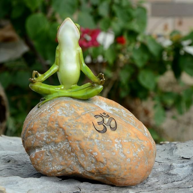 Top Collection Miniature Fairy Garden and Terrarium Statue, Meditating Frog on Rock with Om Symbol