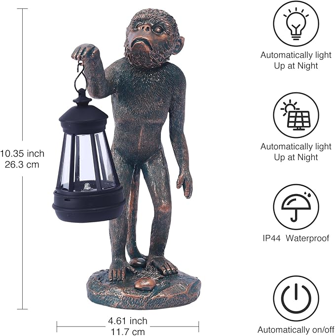 Garden Statue Monkey Figurine - Monkey Decor with Solar Powered Led Lights for Patio Lawn Balcony Yard - Ideal Gift for Women Moms Grandma Housewarming (Copper)