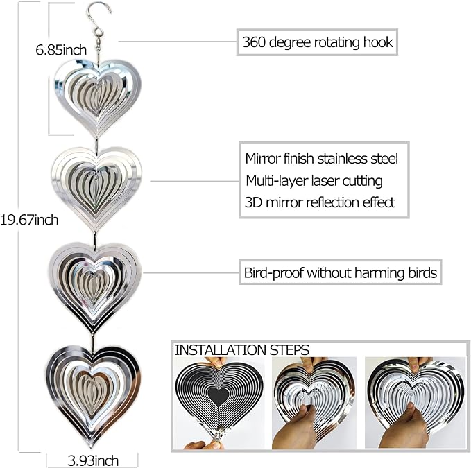DJUAN Heart Bird Scare Discs Set-Highly Reflective Double-Sided Bird Reflectors,Extra Sparkly Metal Wind Spinner Outdoor Garden Decor, Bird Devices Deterrent to Scare Birds Away from Yard Patio Farm