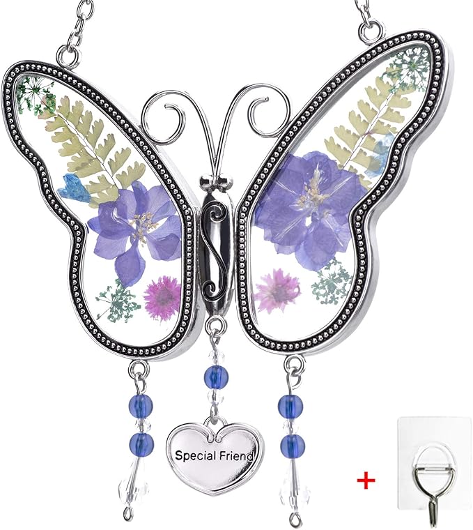 Laraine Butterfly Suncatcher with Pressed Flower Wings Mom Mother's Day Butterfly Glass Wind Chime Ornament Charm with Metal Heart Gifts for Mom Grandma Aunt Birthday (Purple Friend (with Free Hook))
