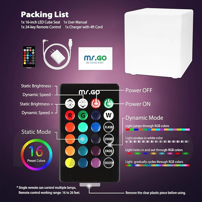 Mr.Go 16-inch Rechargeable LED Cube Chair Light, 16 RGB Colors Glow Cube Seat w/Remote, Waterproof LED Cube Table, Color Changing Cube Floor Lamp, Home Bedroom Patio Party Decorative Lighting