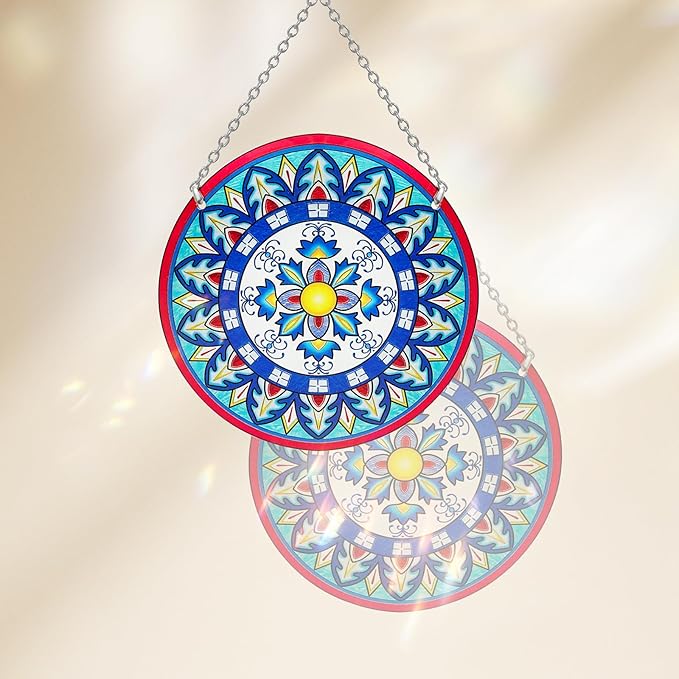 Mandala Suncatcher Stained Glass - Handmade Gifts for Women, Suncatchers for Windows - Window Hangings with Chain and Hook, 6 inch Stained Glass Suncatcher for Mom