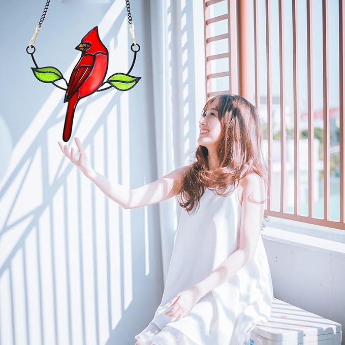 Cardinal Suncatcher, Small Stained Glass Birds Window Hanging Decoration