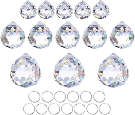 Crystalsuncatcher 20mm/30mm/40mm Clear Crystal Ball Prisms Chandelier Lamp Lighting Drops Hanging Prisms Parts Suncatcher Rainbow Maker Home Decor, Pack of 13
