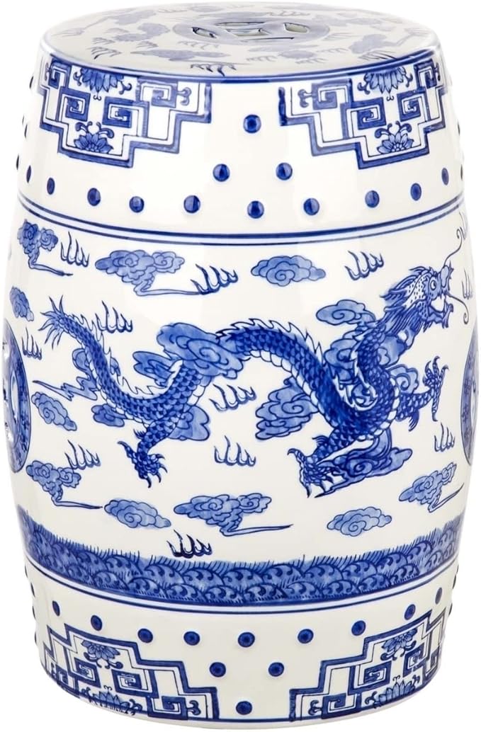 Safavieh Castle Gardens Collection Glazed Ceramic Blue Dragon's Breath Chinoiserie Garden Stool