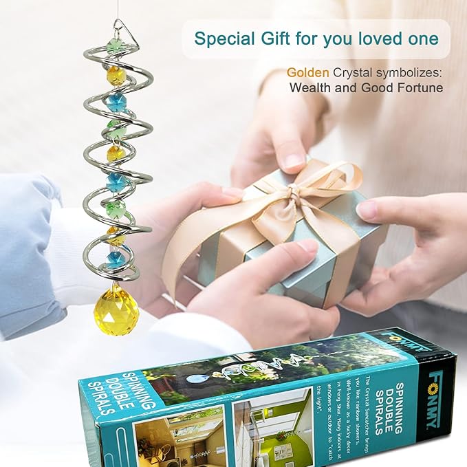 FONMY Gazing Ball Spiral Tail -Decorative Wind Spinner Sun Catcher Rainbow Maker Double-Spiral W/Golden Crystal Ball and Chain Crystals for Indoor Outdoor Garden Decoration -14 inch Height