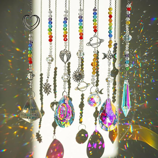Suncatcher Crystal Prisms Hang Pendants Garden Window Sun Catcher Rainbow Chandelier Beads Chain Ornament, Pack of 7