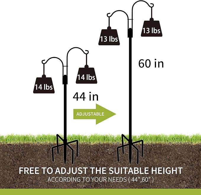 XDW-GIFTS Double Shepherds Hooks for Outdoor, 2-Pack Heavy Duty Garden Pole for Hanging Bird Feeder, Plant Baskets, Solar Light Lanterns, Garden Plant Hanger Stands with 5 Base Prongs