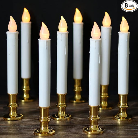 DRomance 9" Flameless Window Taper Candles Battery Operated with 8-Key Remote and Timer, 8 Pack White Christmas Holdiay Window Candles with Gold Holders, Suction Cups and AA Batteries Included