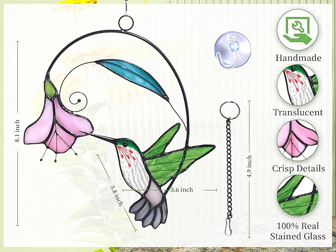 Lolitarcrafts Stained Glass Hummingbird Window Hangings with Flowers, Bird Stained Glass Suncatcher for Window Decor Hummingbird Gifts for Mom,Bird Lovers (Green with Flower A)