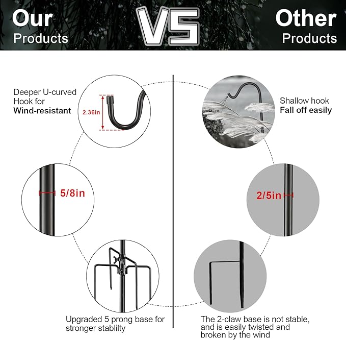 Bird Feeder Pole, 62 Inch & 5/8 Inch Diameter Stainless Steel Heavy Duty Shepherds Hooks for Outdoor to Hang Outdoor Lights with 5 Prongs Base, Rustproof for Garden Decor or Wedding Decors(Black)