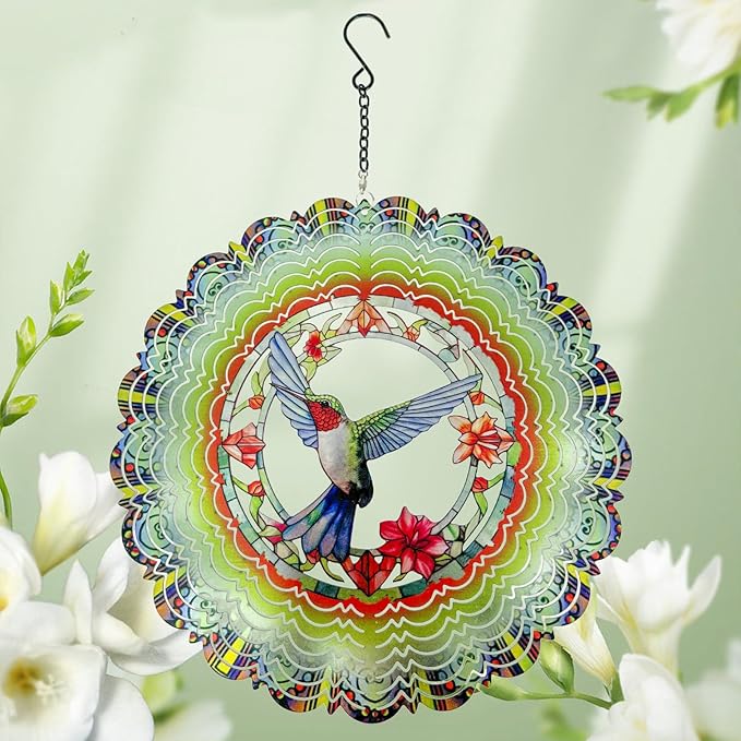 Metal Wind Spinners - Hummingbird 12 inch 3D Stainless Steel Hanging Wind Spinner Metal, Gifts for Women Mom Grandma Wife, for Indoor/Outdoor Decor, Yard Art, Garden Decoration