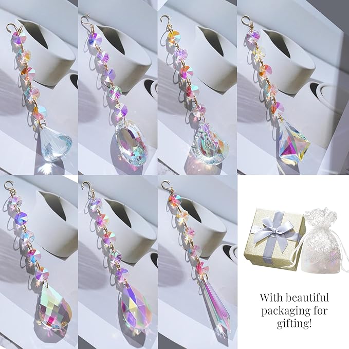 Sun Catchers for Windows Hanging, 7 Pcs Sun Catcher with Crystals, Colored Crystals Suncatchers Prisms Glass Pendant Ornament for Chandelier Garden Home Room Decoration