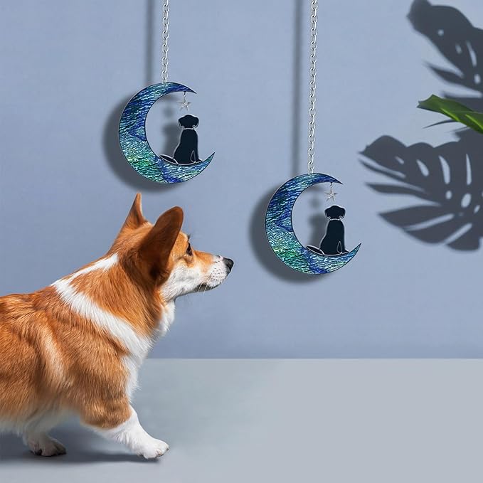 Dog Decor Stained Glass Moon Suncatchers Window Hanging, Wall Art Element Earth Tones Modern Design Home Garden Suncatcher, Dog Lovers for Halloween Decor (Moon Dog)