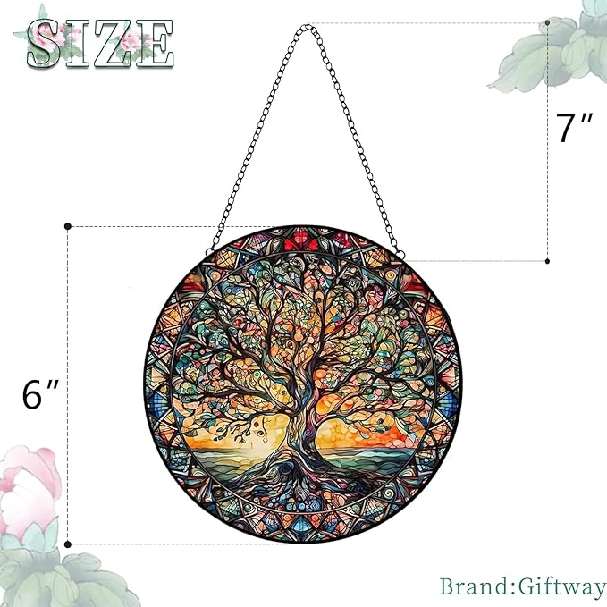 Tree of Life Suncatcher Indoor/Outdoor Stained Glass Window Hanging - Handmade Stained Glass Suncatchers for Windows Hanging - Decoration for Home Garden Christmas Party Wedding Housewarming Gifts