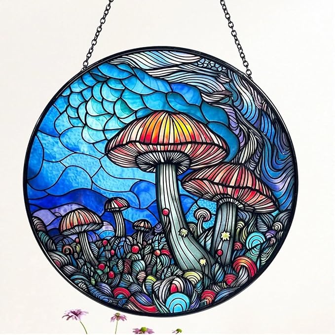 Stained Glass Window Hanging - 7.8‘’ "Enchanted Forest Mushroom Suncatcher for Home and Office Décor Sun Catcher Circular Artwork