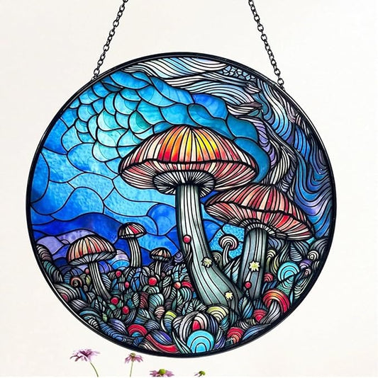 Stained Glass Window Hanging - 7.8‘’ "Enchanted Forest Mushroom Suncatcher for Home and Office Décor Sun Catcher Circular Artwork