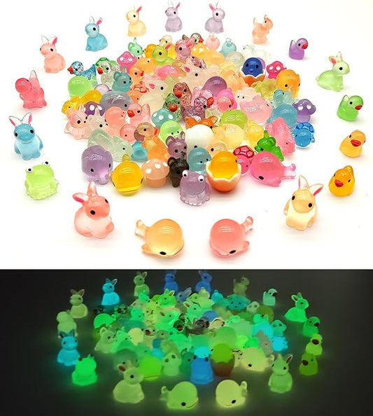 Mini Resin Animals Figures to Hide 100Packs Luminous Tiny ducks Dinosaurs Miniature Figurines Glow in The Dark for Fairy Garden Dollhouse Micro Landscape Aquarium Potted Party Favor Decor (100)