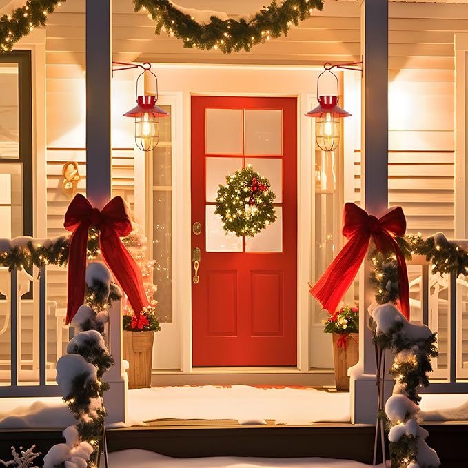 pearlstar Solar Lanterns Outdoor Christmas Metal Solar Powered Hanging Lights Waterproof for Wall Barn Yard Garden Patio Garage Balcony Porch Fence Decor, Warm White Edison Bulb (Red-2pack)