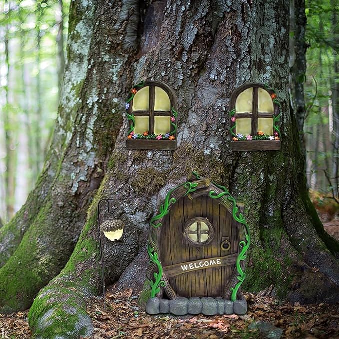 Resin Fairy Door & Window Set with Glow in The Dark Windows, Miniature Sculpture for Trees, Outdoor Decor Accessories