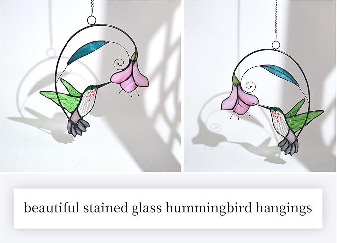 Lolitarcrafts Stained Glass Hummingbird Window Hangings with Flowers, Bird Stained Glass Suncatcher for Window Decor Hummingbird Gifts for Mom,Bird Lovers (Green with Flower A)
