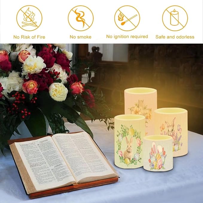 Flameless LED Battery Candles Waterproof Pillar Candles Tealights with 18-Key Timer Remote Colorful Lights for Indoor Outdoor Party Home Easter Decorations, Easter Bunny Egg Floral Retro