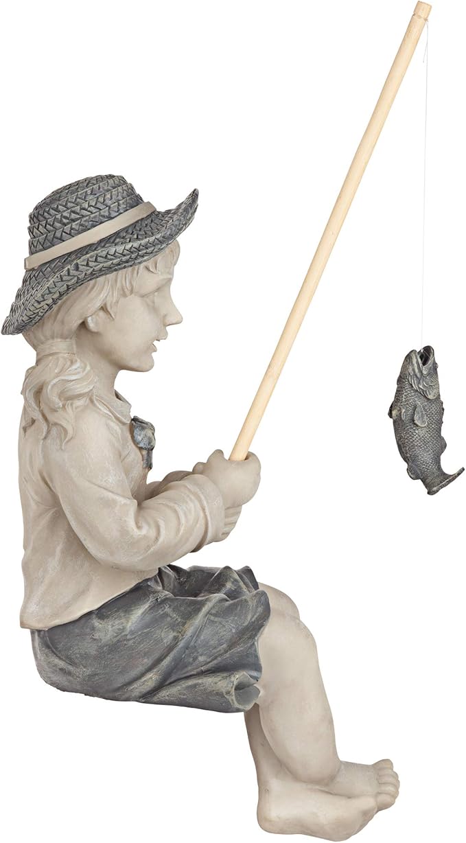 Design Toscano Big Catch Fisherwoman Nellie Girl with Fishing Pole Garden Statue, Medium 17 Inch Tall, Cast Stone Resin, Two Tone Stone Finish