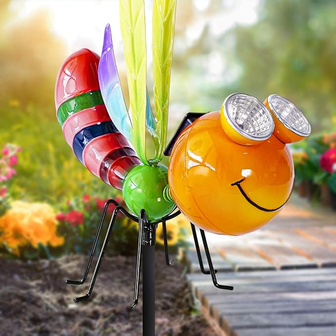 Shefio Dragonfly Solar Light - Metal Yard Art - Add Whimsy To Your Garden - Solar Yard Decorations - Outdoor Decor