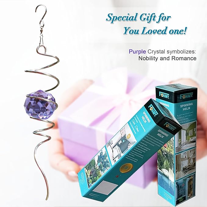 Fonmy Gazing Ball Spiral Tail -Decorative Wind Spinner Sun Catcher Rainbow Maker 11 inch Tail and 2 inch Purple Crystal Orb. Indoor Outdoor Garden Decoration -13 inch Height