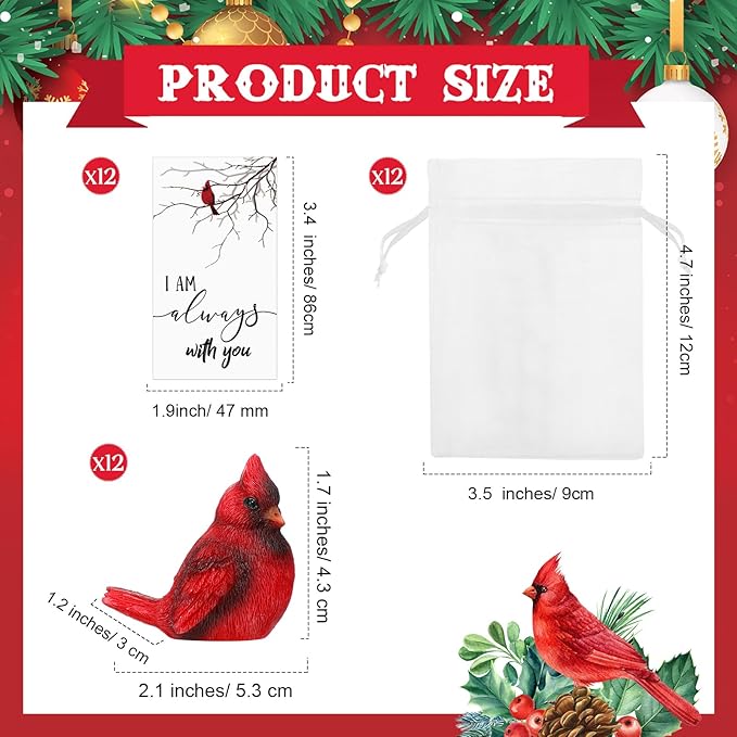Roowest 36 Pcs Memorial Cardinal Gift Set Include Mini Red Cardinal Bird Statue Figures and Red Feathered Cards and Bags for Sympathy Memorial Gift