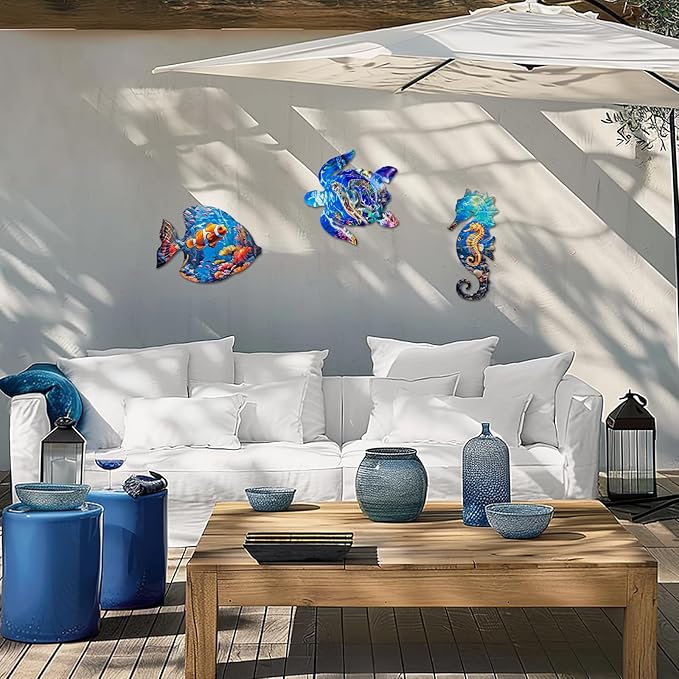 LIFFY Metal Fish Wall Decor Fish Metal Wall Art Ocean Themed Sea Turtle Fish Seahorse Coastal Wall Sculpture, Nautical Outdoor Decor For Garden, Fence, Patio, Pool,Beach,Bathroom (3 Pcs)