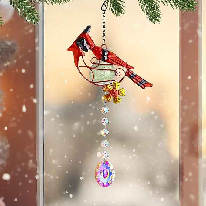 13inch Stained Metal Cardinal Birds Sun Catcher Decorative Window Hanging Ornament Crystals Prism Suncathers Red Bird for Home Garden Decor