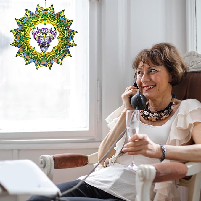 Wind Spinner Colorful Owl 12 inch 3D Stainless Steel Laser Cut Metal Double Sided Printing-Hanging Indoor/Outdoor Decorations Yard Gardening Decor,Metal Kinetic Art Ornament Gifts