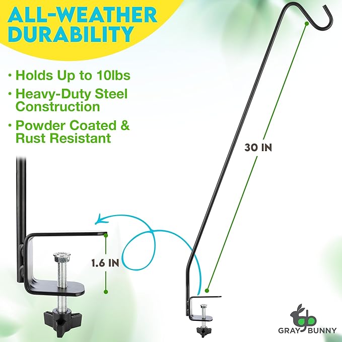 Gray Bunny Deck Hook 2 Pack, 30 Inch Bird Feeder Pole, with Non-Slip Clamp Deck Bird Feeder Hanger for Railing for Feeders, Planters, Suet Baskets, Lanterns, Wind Chimes and More