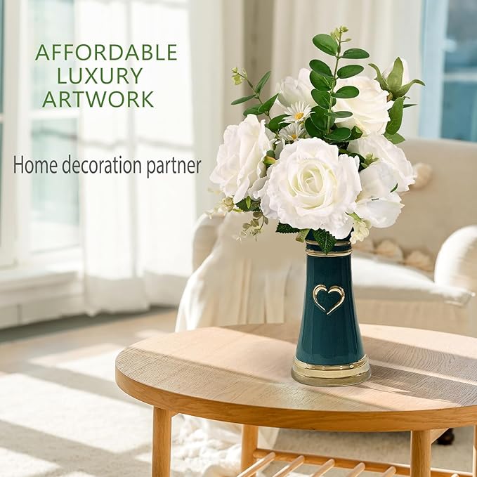 LoveLin Artificial Flower Arrangement for Ceramic Vase,White Roses Floral Bouquet Paired Abstract Prayer Hand Shaped Dark Green Vase,Affordable Luxury Art Pieces,Lndoor Ornament, 17″